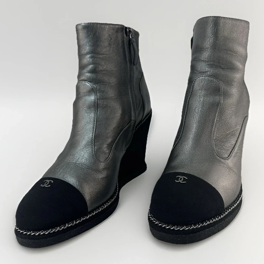 CHANEL Black Leather CC Logo Wedge Boots Size 37.5 Made In Italy